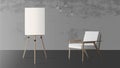 Easel and white stylish armchair. Wooden easel. Concrete gray wall. Realistic vector illustration Royalty Free Stock Photo