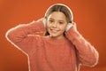 Easiest way to find new music similar to songs you already love. Girl cute little child wear headphones listen music Royalty Free Stock Photo