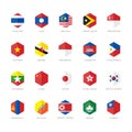 East Asia and south East Asia Flag Icons Hexagon