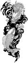 East Asian dragon and koi carp. Black and white Tattoo Royalty Free Stock Photo