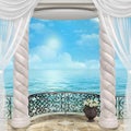 East balcony with twisted columns overlooking the sea -  illustration 3D rendering Royalty Free Stock Photo