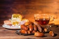 east candy, dates and cup of tea, muslim feast holy month Ramadan Kareem