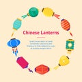 East Chinese Paper Street or House Lanterns Banner Card Circle . Vector