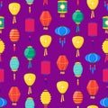 East Chinese Paper Street or House Lanterns Seamless Pattern Background. Vector