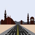 East city on the horizon. Direct road highway with markup. Dedicated lanes for public transport illustration Royalty Free Stock Photo