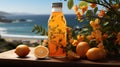 East Coast Orange Juice With Flower Vase on Table Top Blurry Background