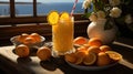 East Coast Orange Juice With Flower Vase on Table Top Blurry Background