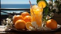 East Coast Orange Juice With Flower Vase on Table Top Blurry Background