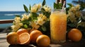 East Coast Orange Juice With Flower Vase on Table Top Blurry Background