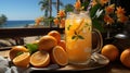 East Coast Orange Juice With Flower Vase on Table Top Blurry Background