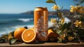 East Coast Orange Juice With Flower Vase on Table Top Blurry Background