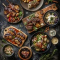 East Europe Dishes Collection, Grilled Lamb Chops, Duck Breast Salad, Fried Eggplants, Cheese Mix Royalty Free Stock Photo