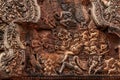 East-facing pediment on Southern Library of Banteay Srei shows Shiva and Uma seated on summit of Mount Kailash