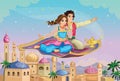 East Princess, Aladdin on magic carpet. Fairytale Arabic landscape with Mosque. Fabulous background. Cartoon Wallpaper. Cute doll.