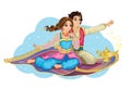East Princess and Aladdin on magic carpet. Isolated image on white background. Cartoon illustration for children`s print, sticker. Royalty Free Stock Photo