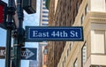 East 44th street sign, Manhattan New York downtown. Blue color street signs Royalty Free Stock Photo