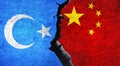 East Turkestan vs China flags on a wall with a crack