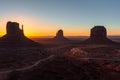 East and West Mitten Buttes, and Merrick Butte at sunrise, Monument Valley Navajo Tribal Park on the Arizona-Utah border