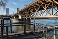 Eastbank Esplanade showing the underside of the Burnside Bridge in Portland, Oregon. December 2017