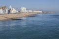 Eastbourne, England, the UK - blue water of the sea and white hotels.