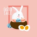 Easte Hare or Rabbit and a basket of easter eggs. Text `Easter Sale` Royalty Free Stock Photo