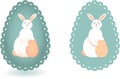 Set of two stylized images of Easter Bunny on egg silhouette background with lace edge. Royalty Free Stock Photo