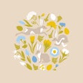 Easter set of objects for design. Print for Easter. Jumping rabbits and spring flowers, ferns. Royalty Free Stock Photo