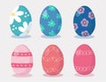 Easter eggs set. Happy Easter. Hand drawn. Blue Eggs with flowers, pink with abstract stripes and dots. Vector illustration. Royalty Free Stock Photo
