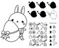 Easter activity page for kids. Educational children game set. Coloring page, find shadow, I spy game printable worksheet