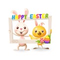 Easter animals - Happy cute bunny and chicken celebrate Easter with social network photo frame - isolated on white background