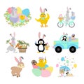 Easter animals set. Chick, rabbit, pug, penguin vector illustration