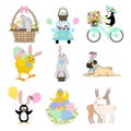 Easter animals set. Chick, rabbit, pug, penguin vector illustration