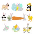 Easter animals set. Chick, rabbit, pug, penguin vector illustration