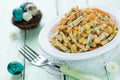 Easter appetizer recipe - boiled chicken breast, carrot, corn an Royalty Free Stock Photo