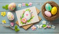 Easter arrangement with an Easter card, colorful eggs in a nest and spring blossoms. Top view