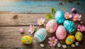 Easter arrangement with an Easter card, colorful eggs in a nest and spring blossoms. Top view