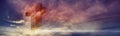 Easter, Ascension day concept. Silhouette of shining cross on sunset, sunrise background. Banner. Copy space. Church