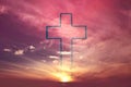 Easter, Ascension day concept. Silhouette of shining cross on sunset, sunrise background. Banner. Copy space. Church