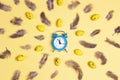 Easter background with alarm clock, decorative eggs and feathers