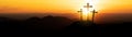 Easter background banner panorama religious greeting card Crucifixion and Resurrection. Three crosses of Golgotha by sunset Royalty Free Stock Photo