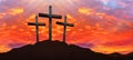 Easter background banner panorama religious greeting card Crucifixion and Resurrection. Three crosses of Golgotha by sunset Royalty Free Stock Photo