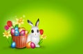 Easter background with basket with pile of easter eggs and bunny