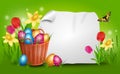 Easter background with basket with pile of easter eggs