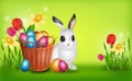 Easter background with basket with pile of easter eggs