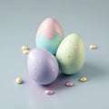 Easter background with beautiful Easter eggs in pastel color. Glossy 3d decorative easter eggs holiday background