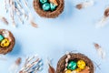 Easter background with bird`s nests and eggs Royalty Free Stock Photo