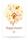 Easter background with birdhouse birds and flowering branches