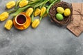 Easter background with blue, green eggs and a cup of tea in nest and yellow tulips. Top view Royalty Free Stock Photo