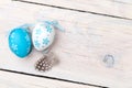 Easter background with blue and white eggs and feather Royalty Free Stock Photo