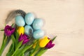 Easter background with blue and white eggs and purple and yellow tulips Royalty Free Stock Photo